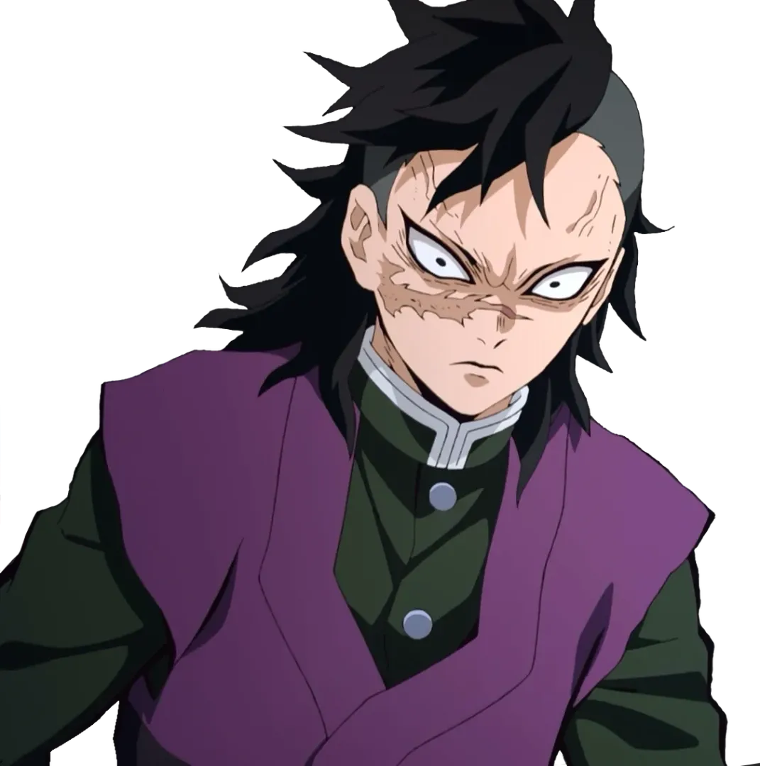 A feral and determined Genya Shinazugawa during the Swordsmith Village arc, showcasing his short-tempered and aggressive battle spirit.