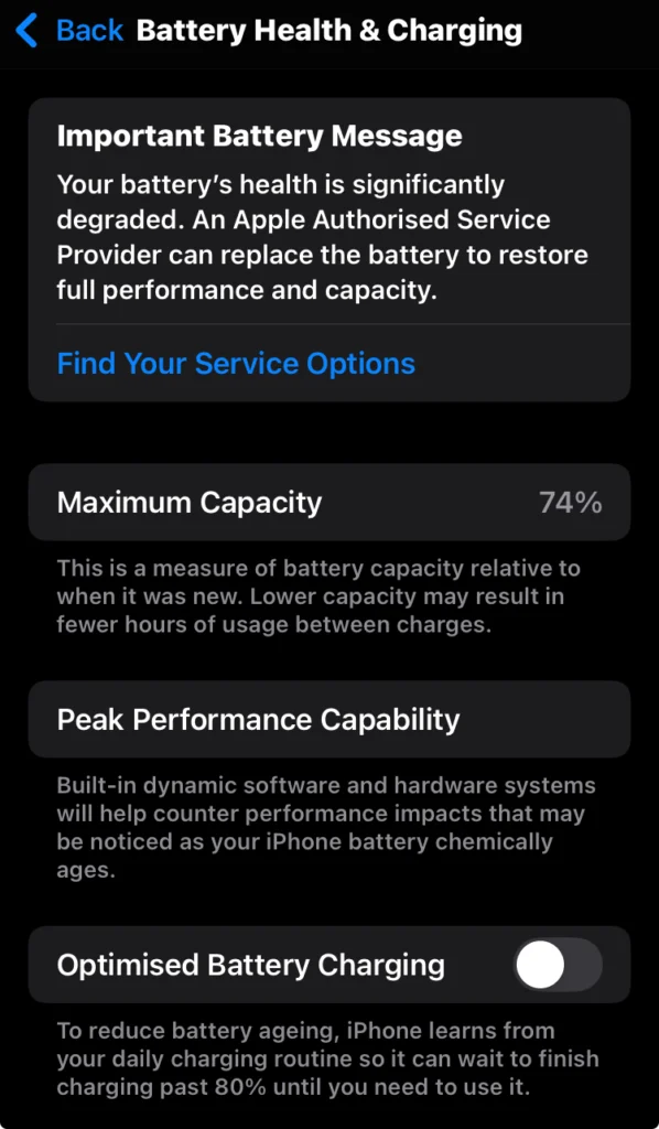 iPhone Settings > Battery Health showing 74% capacity with "Peak Performance" warning