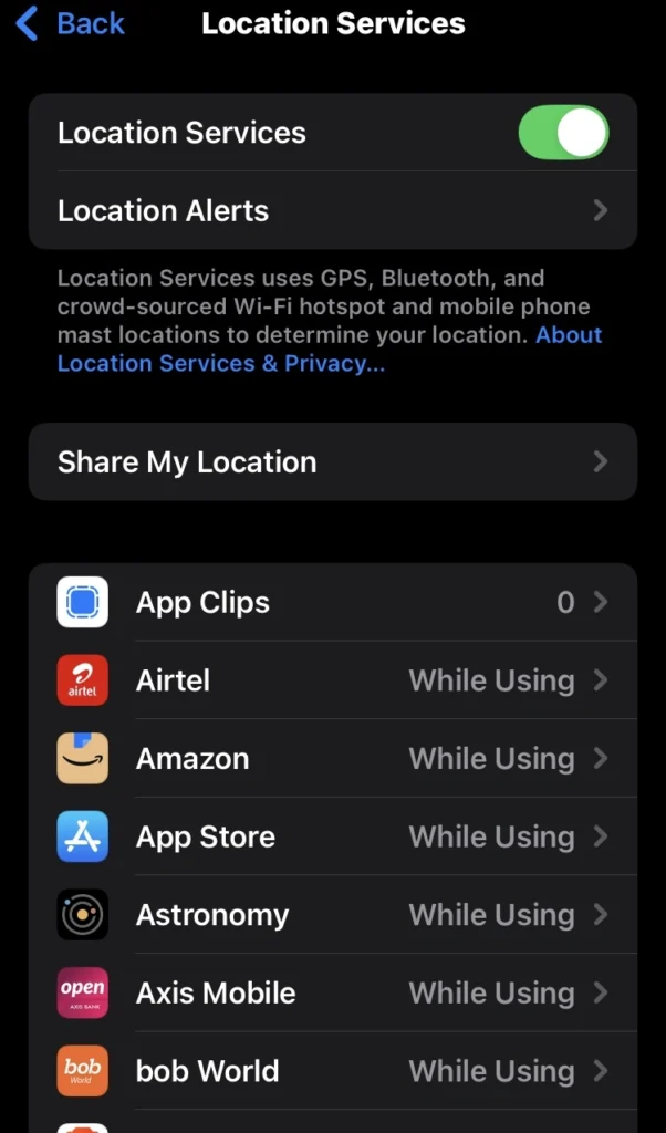iPhone Location Services settings: apps set to "While Using"